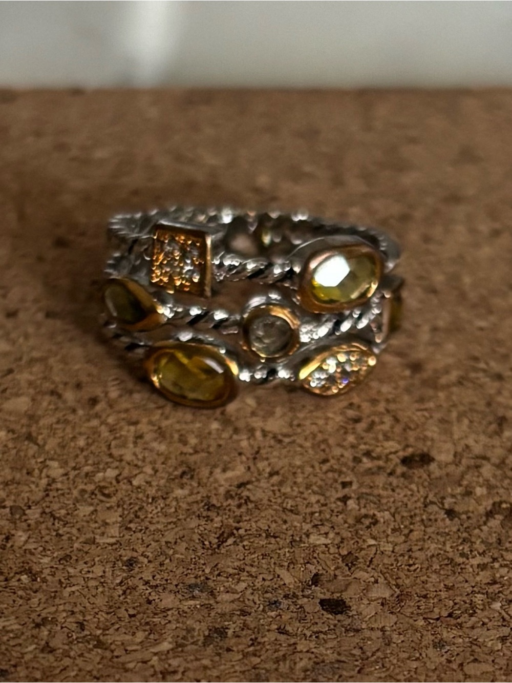 Stacked Silver Plated and Rose Gold Ring Set with Yellow Gem Accents